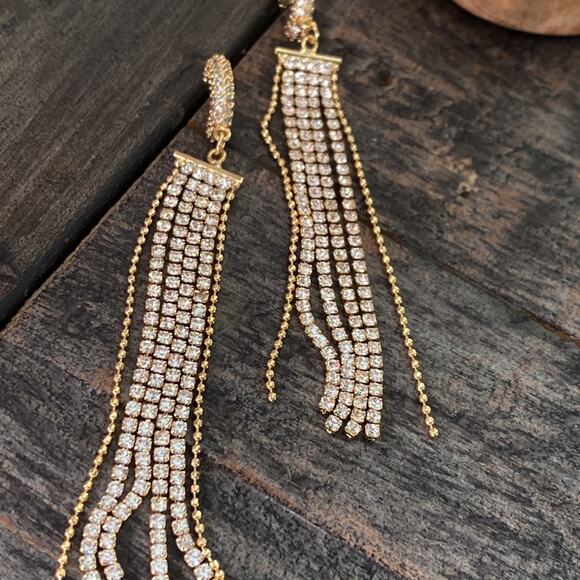 NEW Rhinestones & Gold Fringe Statement Earrings - Picture 9 of 14
